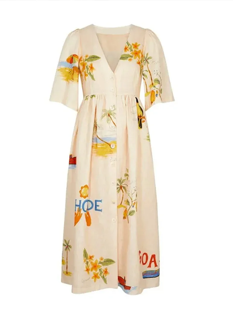 Elegant Printed Cotton Midi Dress