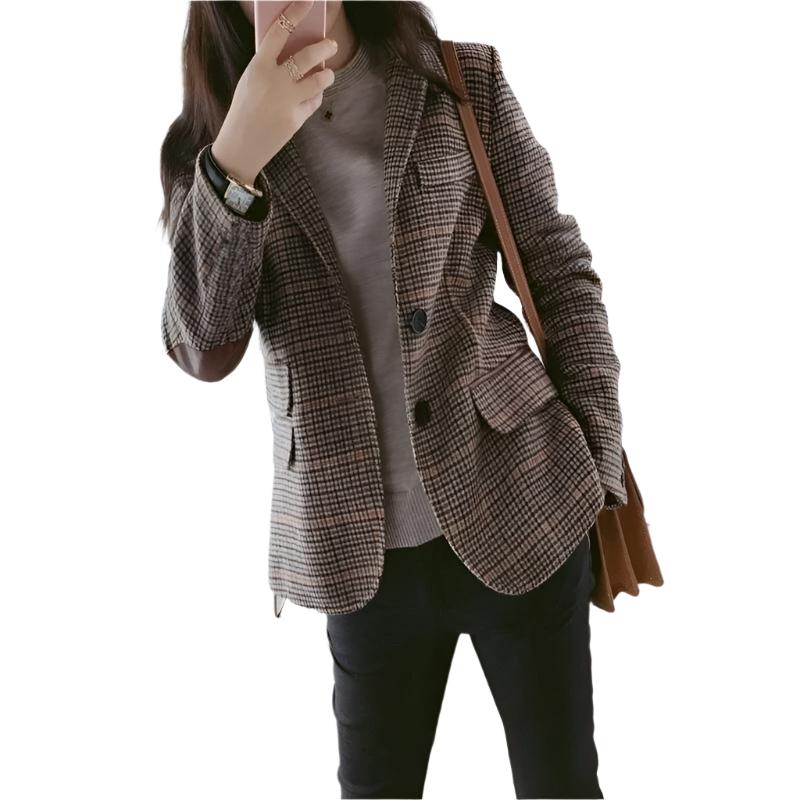 Slim-Fit Plaid Blazer with Elbow Patches