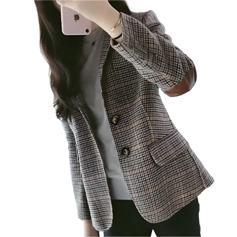 Slim-Fit Plaid Blazer with Elbow Patches